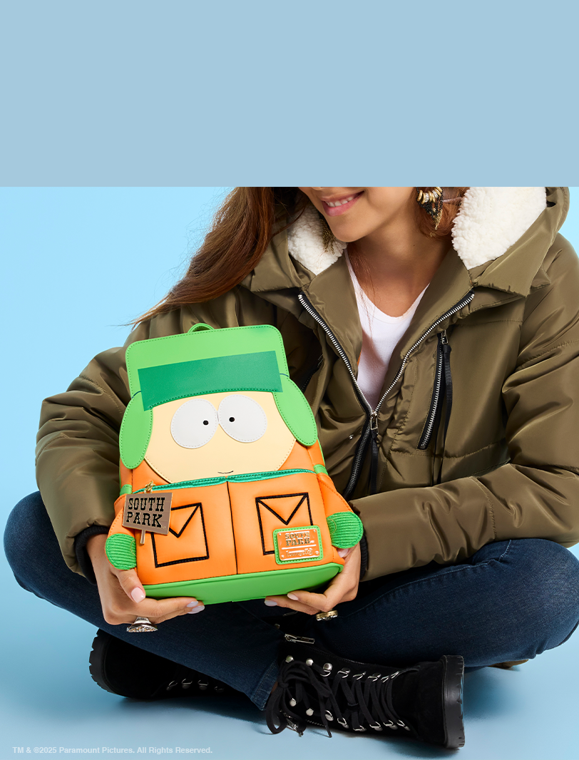 Blue background with model holding South Park Backpack
