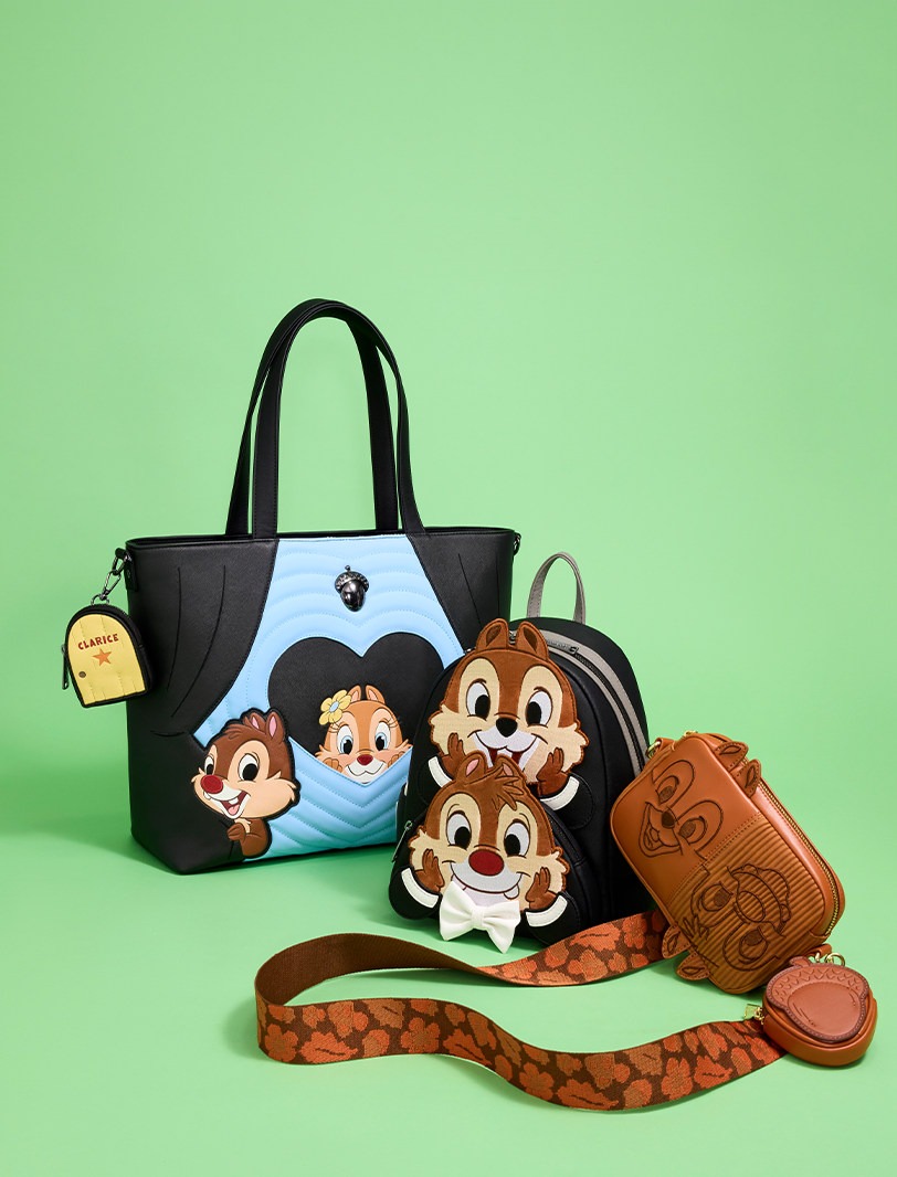 Green background featuring Loungefly Disney Chip N' Dale accessories