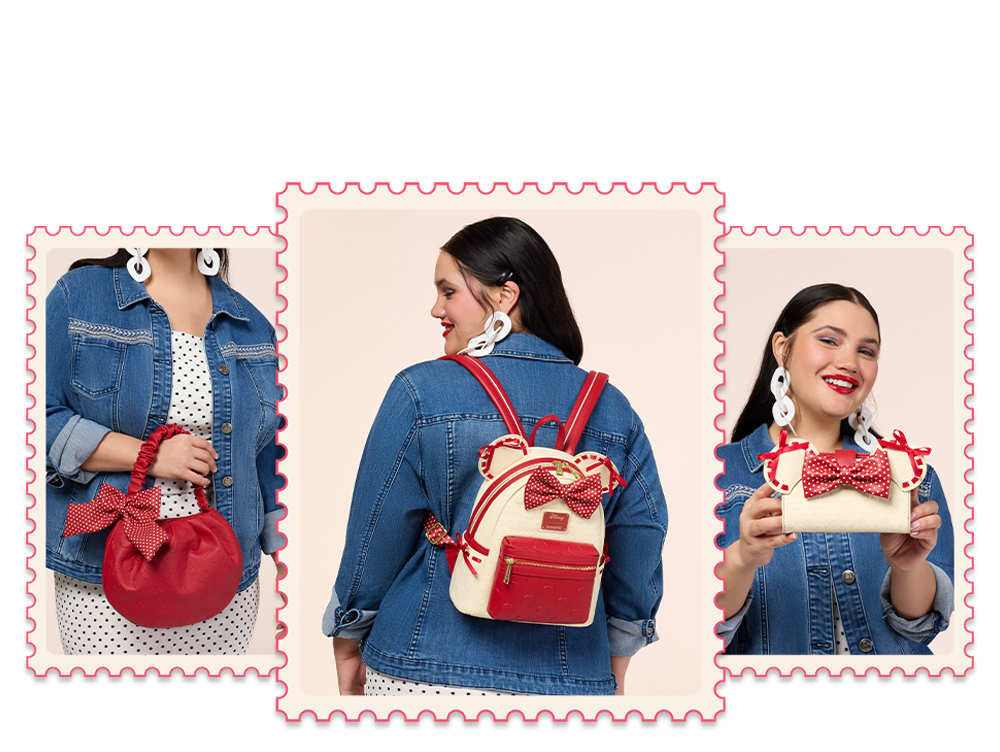 close up shots of Valentine themed Disney Loungefly accessories