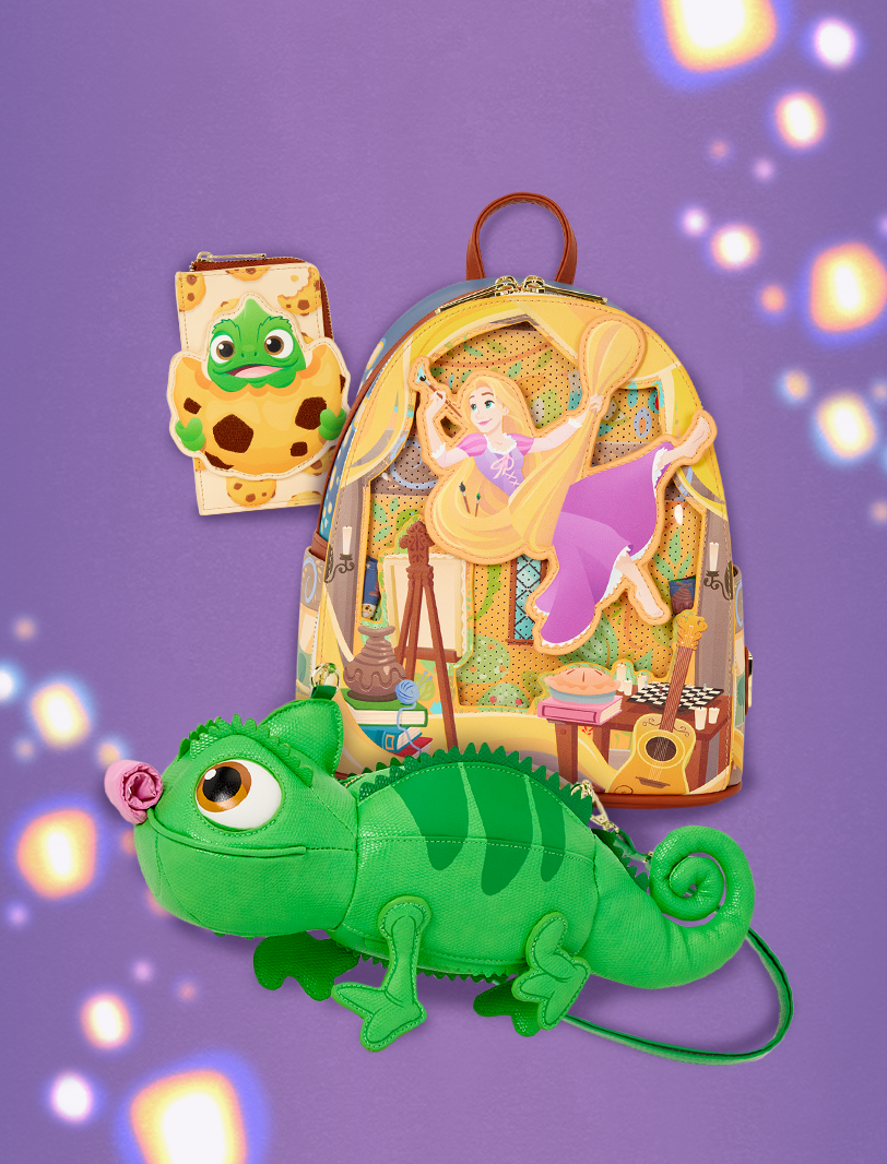 Purple background with sparkly lens flare and selection of Tangles Loungefly in the foreground