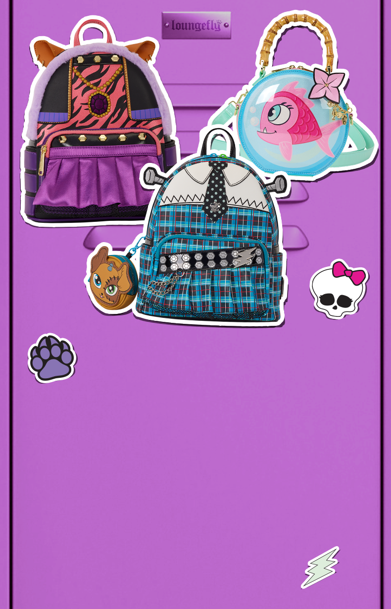 Monster High Loungefly bags and backpacks displayed against purple school lockers