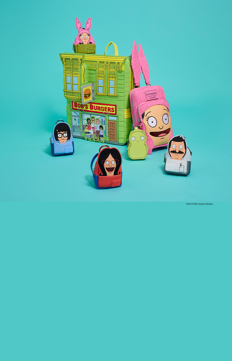 Teal background with Bob's Burgers Loungefly collection