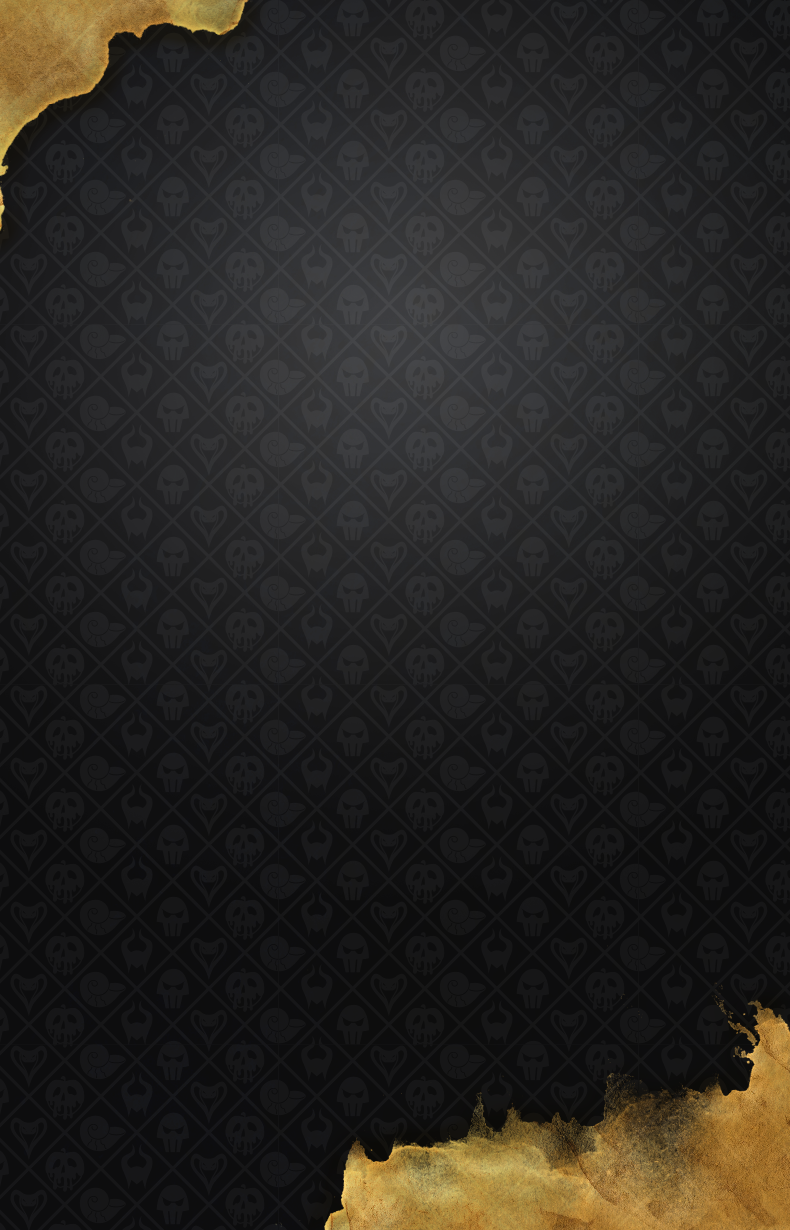 Dark fantasy-style background featuring a black patterned texture with subtle skull and heart icons, accented by torn gold parchment edges in the top left and bottom right corners with a smoky vignette effect.