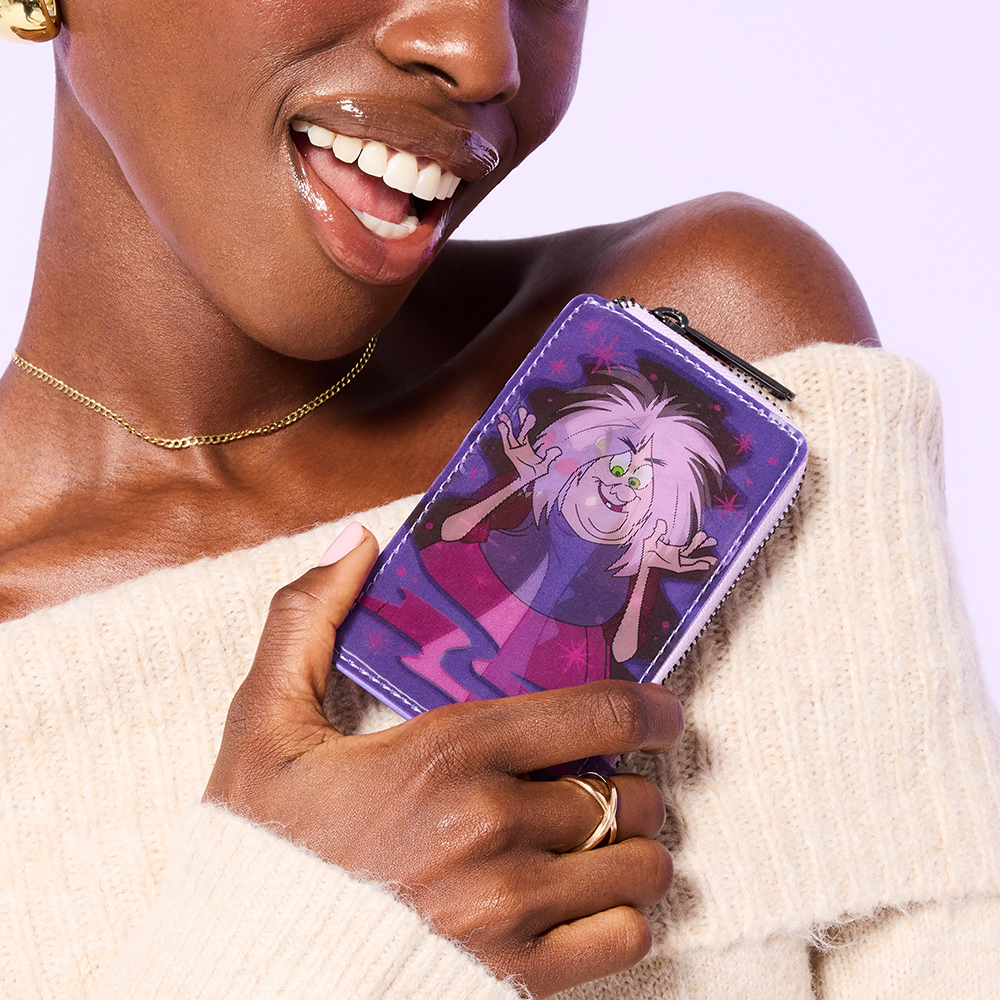 Model holding Disney Madam Mim wallet