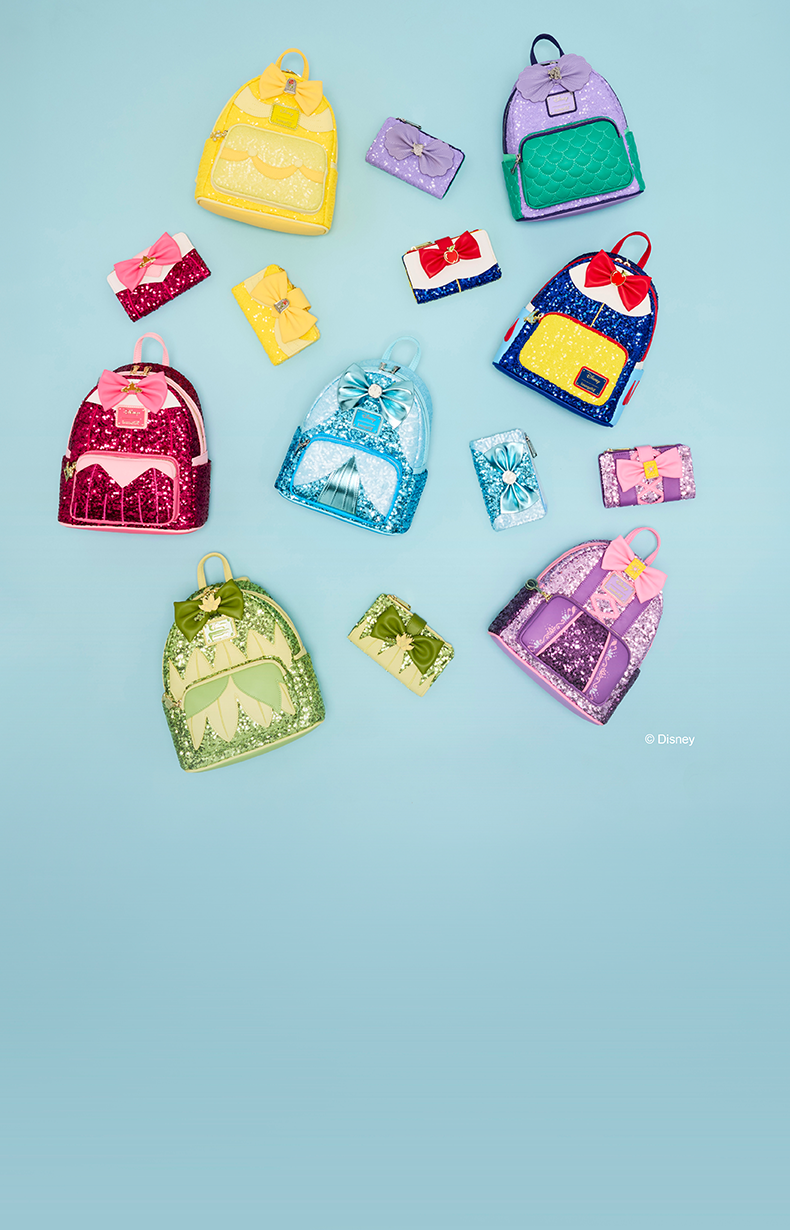 Disney Princess sequin backpacks and matching accessories in colorful character-inspired designs on a light blue background