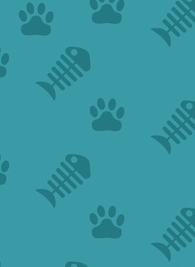 Teal background with paw print and fish bone pattern