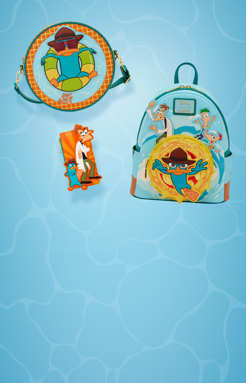 blue water ripple background with Loungefly Phineas and Ferb accessories floating on top