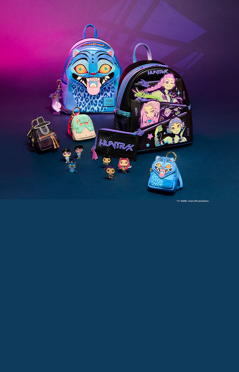 Pink, blue and purple background with Kpop Demon Hunters Loungefly collection 