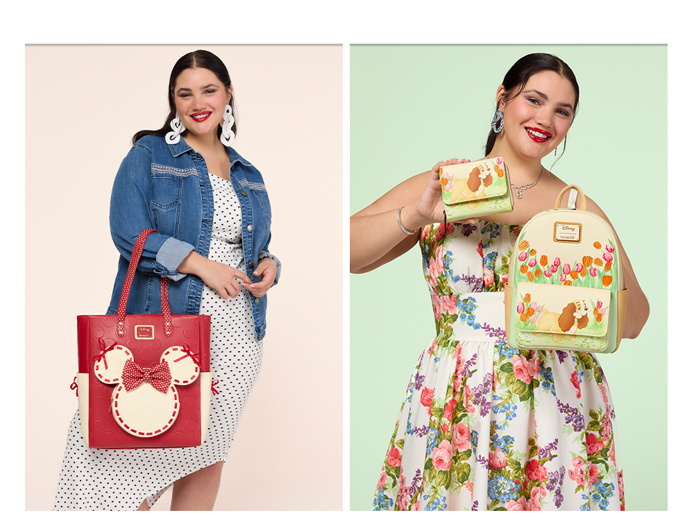 Collage with model showcasing Loungefly Disney Minnie Rocks the Dots and Lady and the Tramp collections