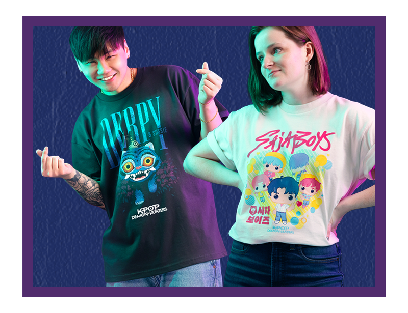 Models wearing Kpop Demon Hunters Tees