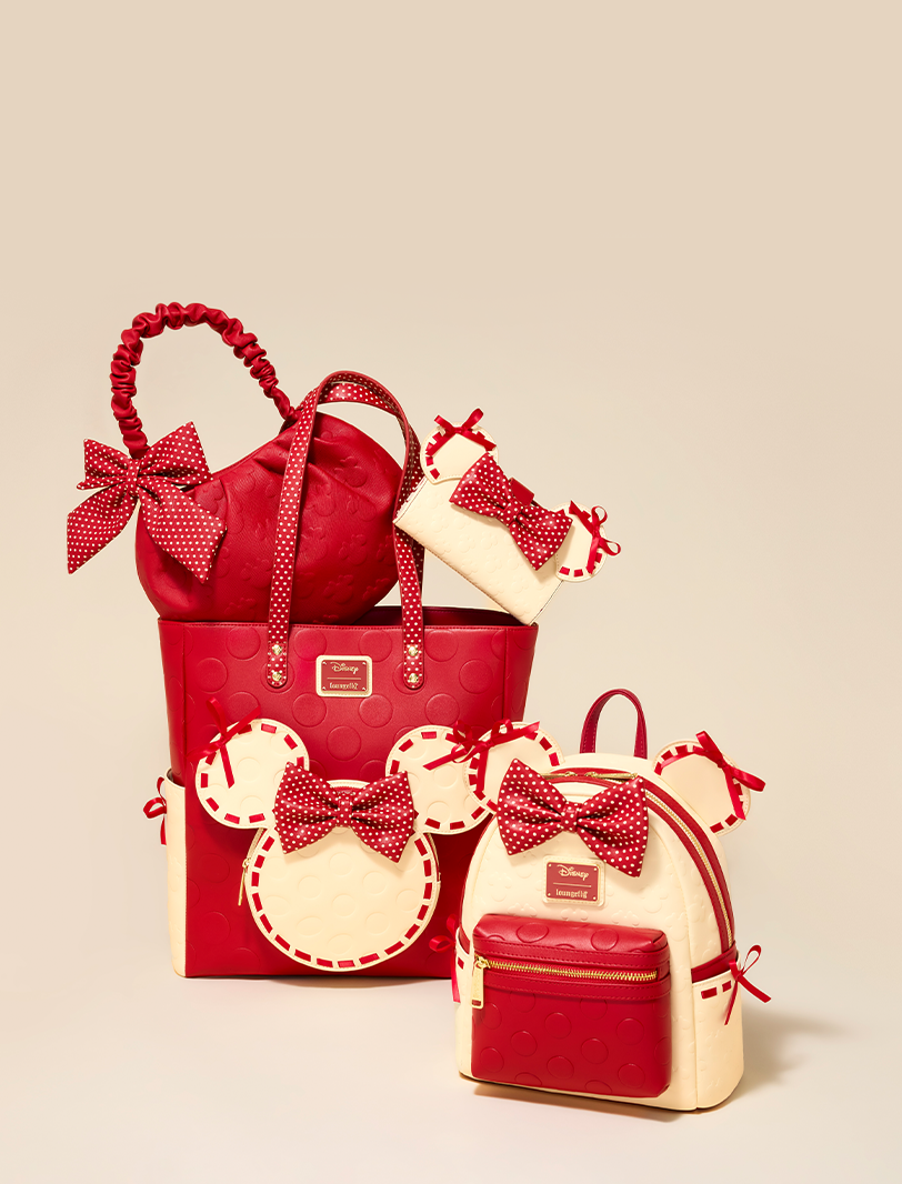 Tan background featuring Loungefly Disney Minnie Rocks the Dots collection