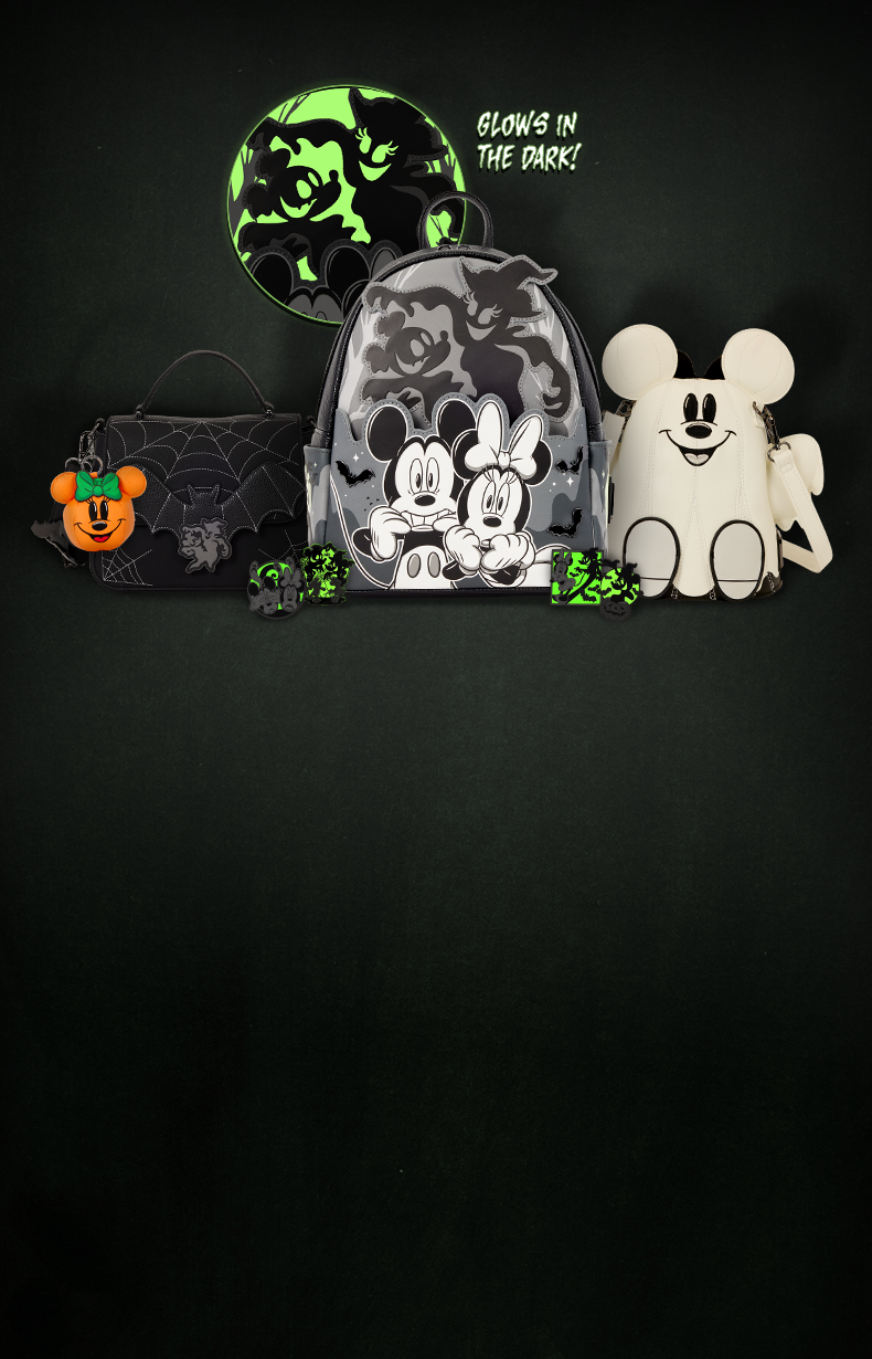 Dark Black background with subtle bright spotlight featuring Loungefly Disney Mickey & Minnie Halloween collection