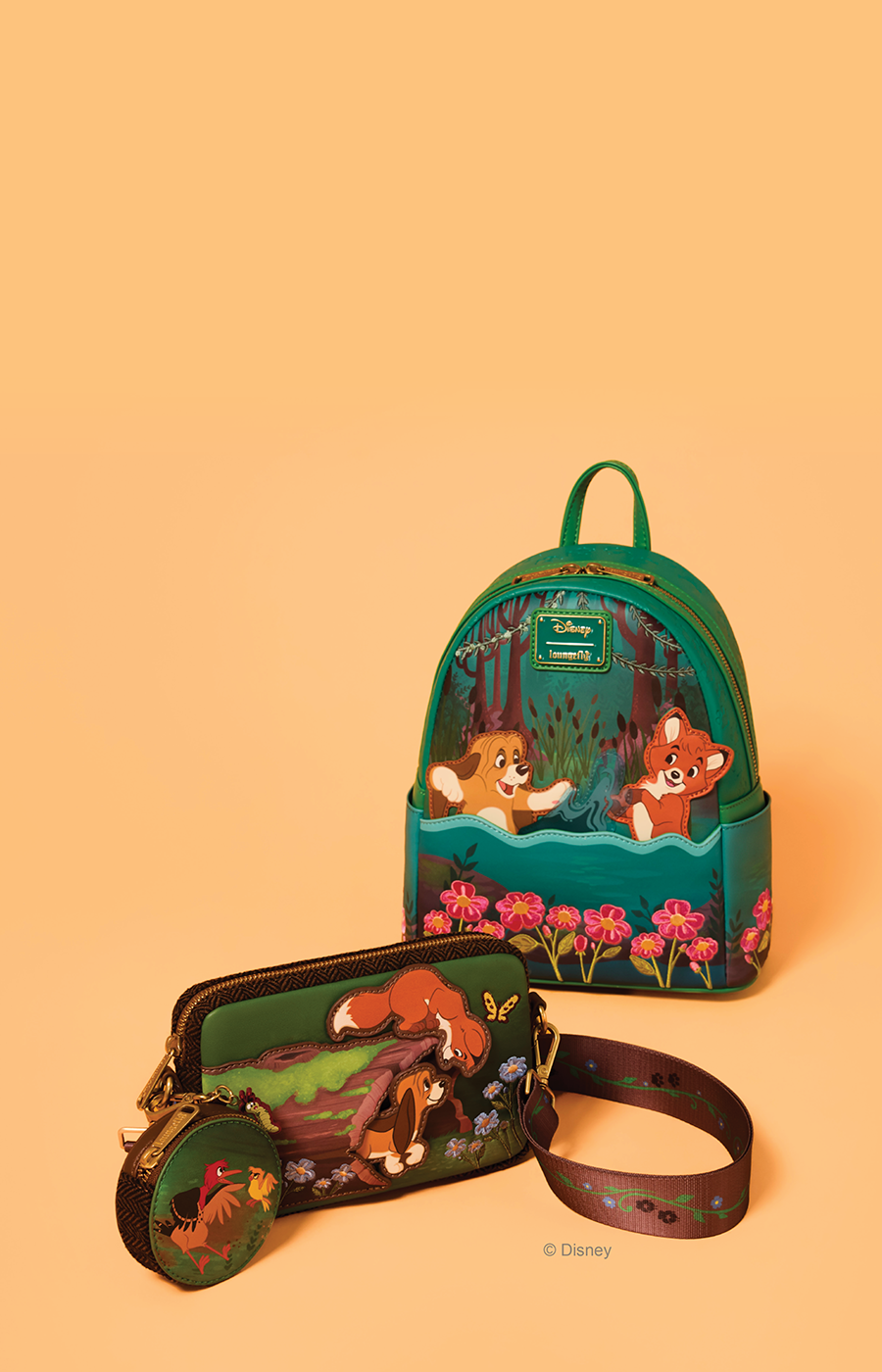 Orange background featuring Loungefly Disney Fox & The Hound Collection