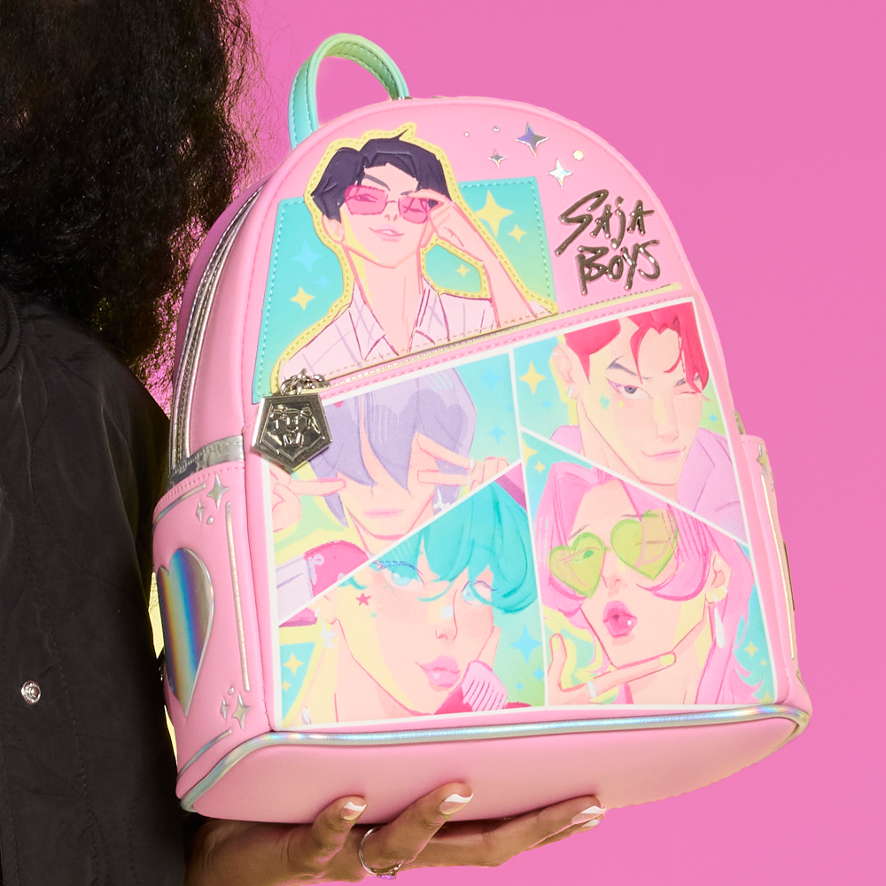 Pink background featuring Loungefly KPop Demon Hunters Saja Boys mini backpack