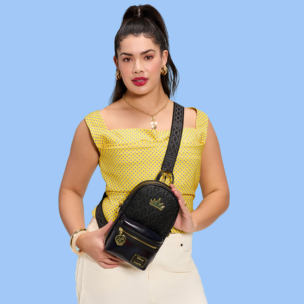 Blue background with model showcasing Loungefly Disney Snow White Sling Bag