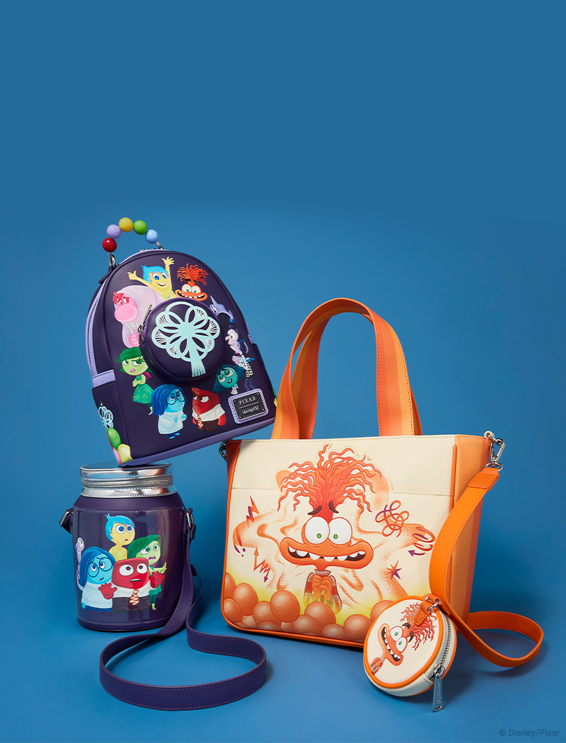 Blue background featuring Loungefly Pixar Inside Out 2 collection