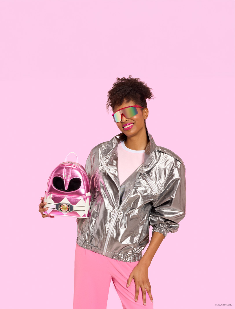 Pink background with model showcasing Loungefly Power Rangers Mini Backpack