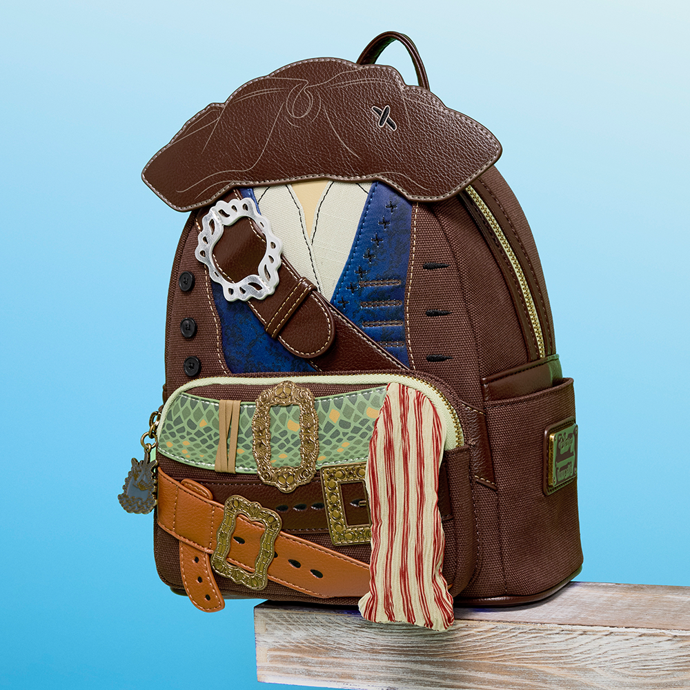 Blue background featuring Loungefly Disney Pirates of the Caribbean cosplay mini backpack