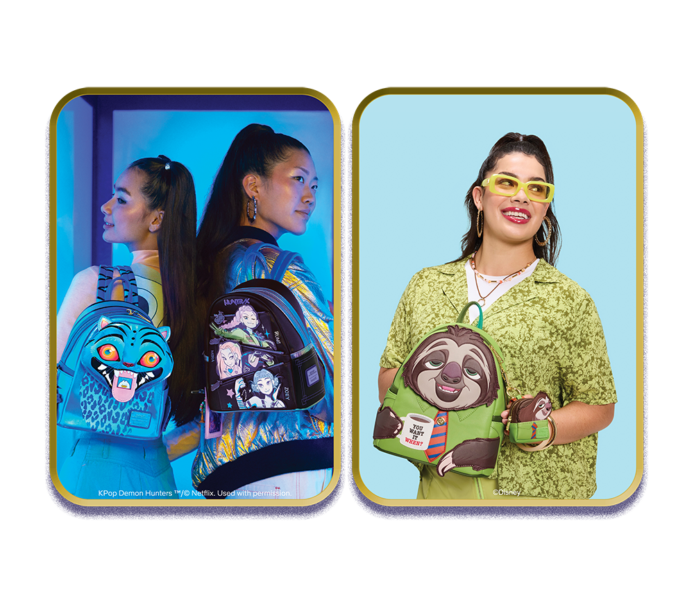 Gold to Black radial gradient background with sparkles and golden film strips with images of Loungefly Disney Zootopia Flash exclusives and Netflix KPop Demon Hunters collection