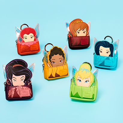 Blue product background featuring Loungefly Disney Fairies Mystery keychains