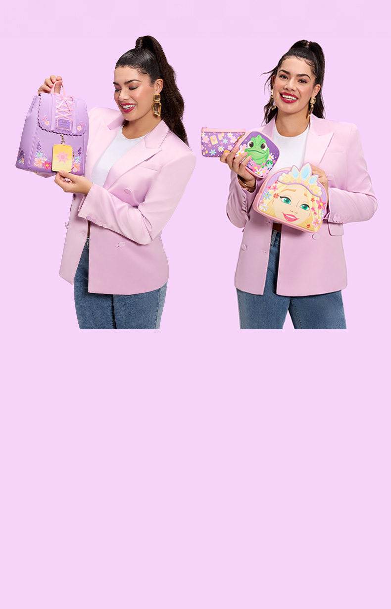 Pink background with model showcasing Loungefly Exclusive Disney Tangled collection