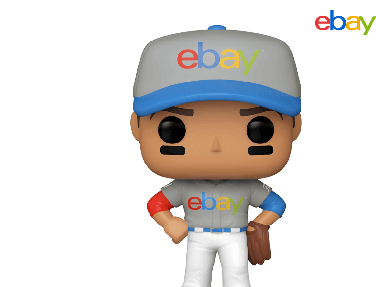 Blue background with POP! of baseball player with ebay logo