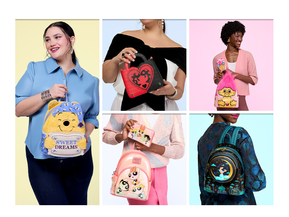 Collage of Loungefly Valentine's Day styles with styles inspired by Disney, Peanuts and original Loungefly ideas!