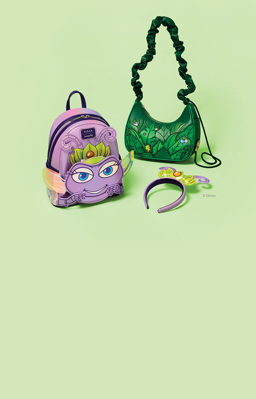 Green product background featuring Loungefly Disney Pixar A Bug's Life collection