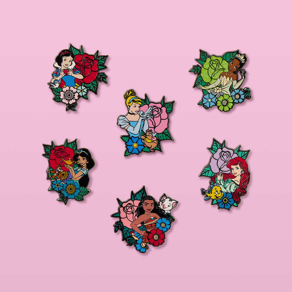 Pink background featuring Loungefly Disney Princesses mystery enamel pins