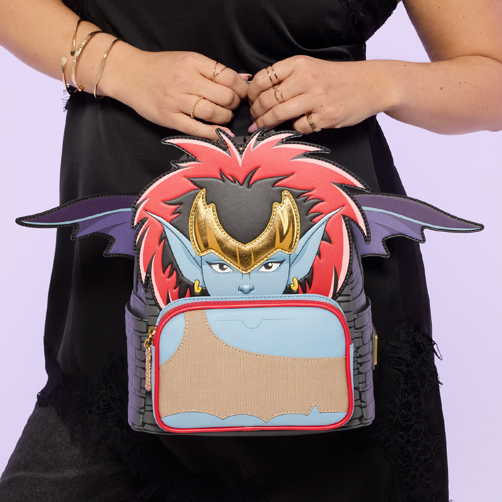 Purple background with model holding Loungefly Disney Gargoyle mini backpack