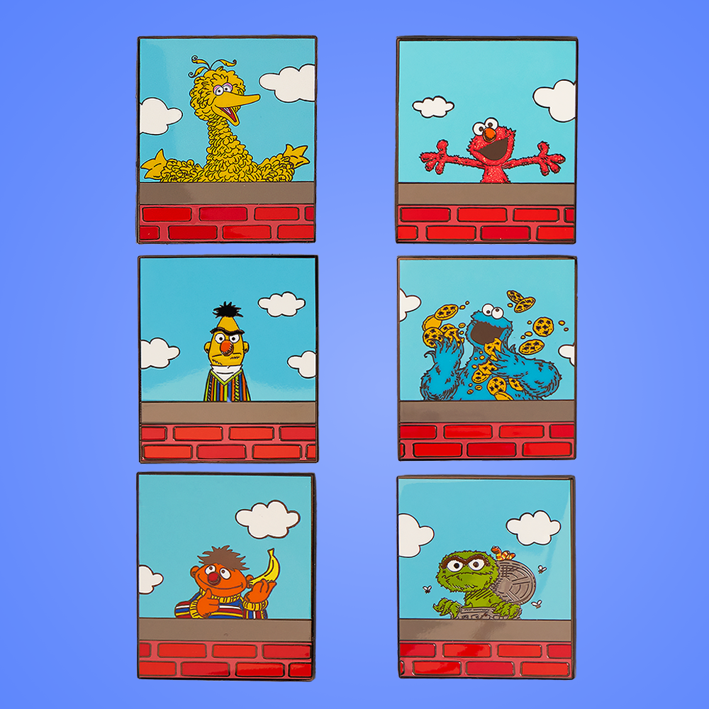 Blue background featuring Loungefly Sesame Street Mystery Pins