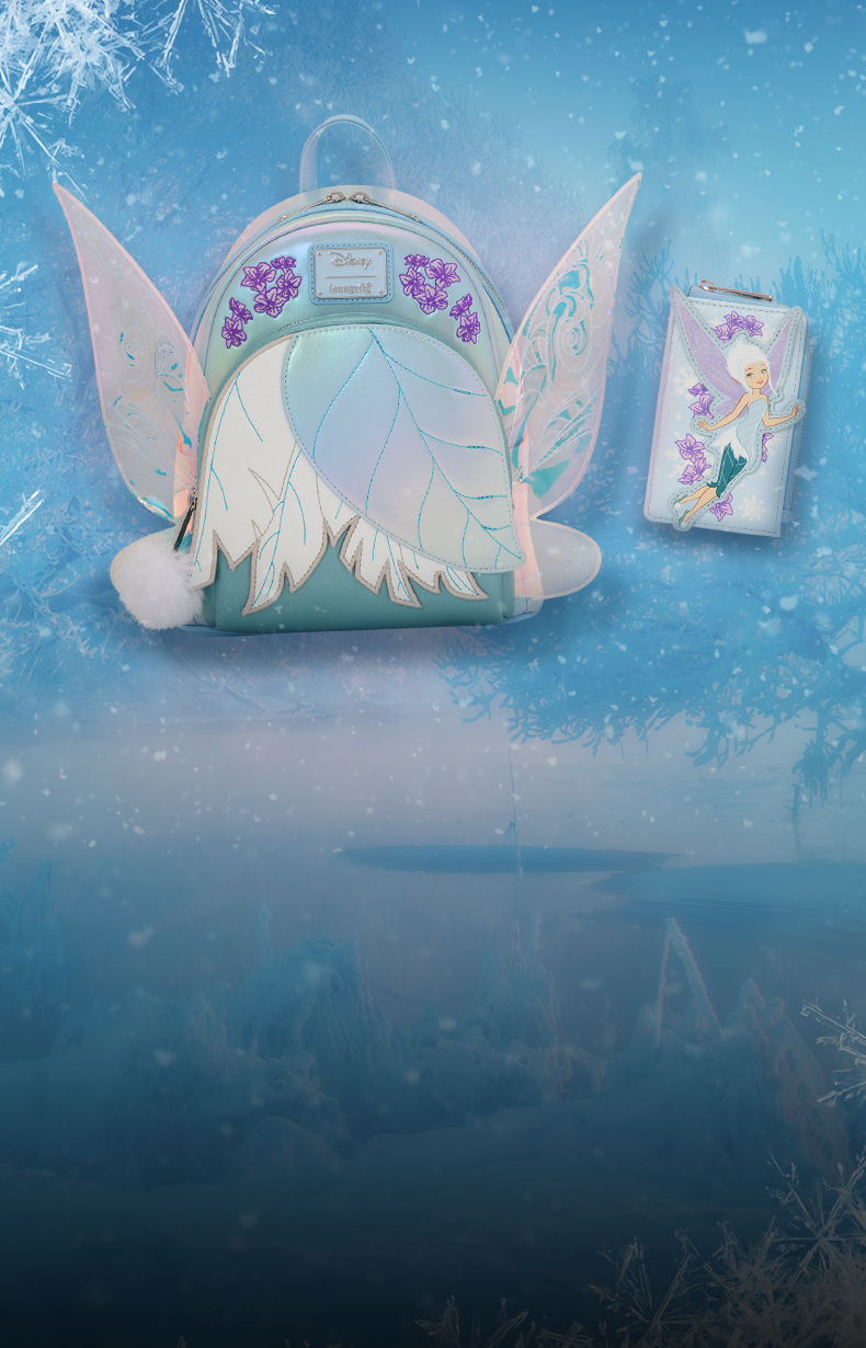 Winter, icy background featuring Loungefly Disney Fairies Exclusive collection