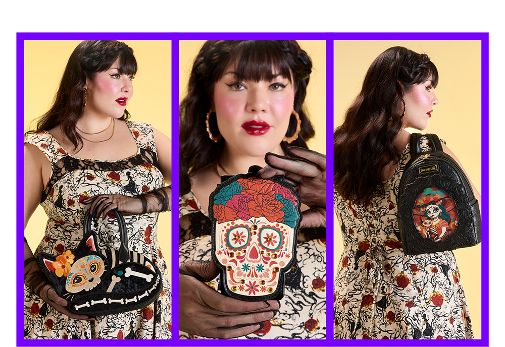 Purple border collage featuring Loungefly Dia de los Muertos collection
