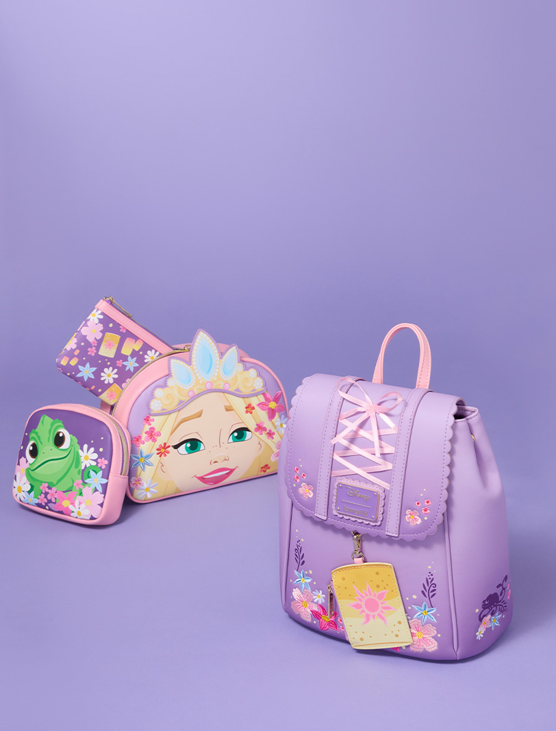 Purple background featuring Loungefly Disney Tangled exclusives