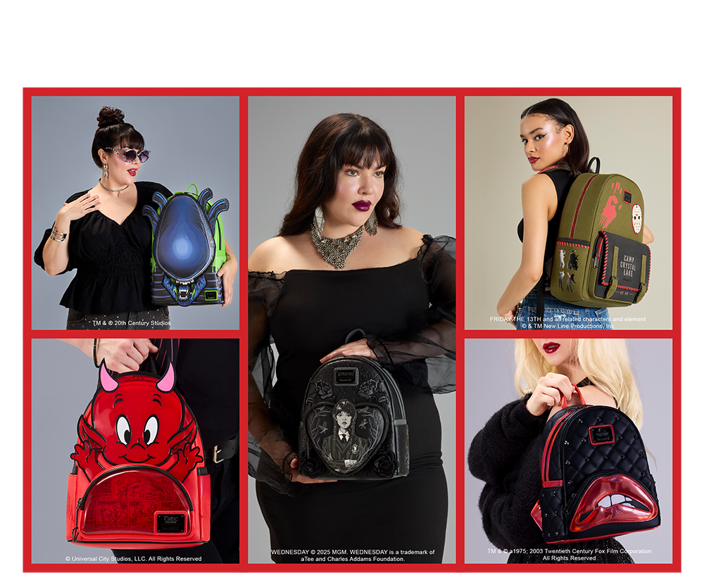 Red border collage featuring Loungefly Spooky Halloween styles
