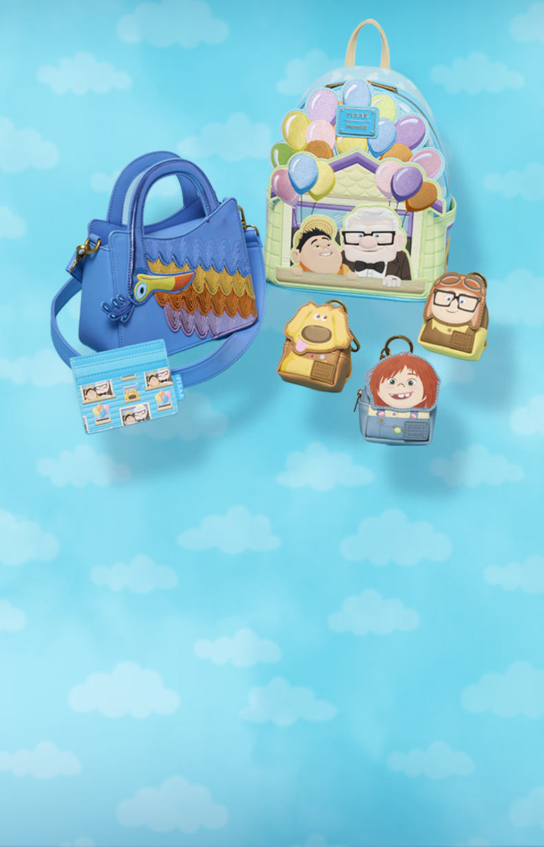 Blue sky background featuring Loungefly Disney UP collection