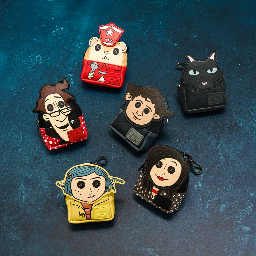 Dark Blue/Teal background with featuring Loungefly Coraline Mystery Bag Charms