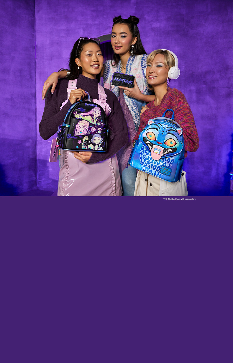 Purple grunge background with models showcasing Loungefly Netflix KPop Demon Hunters collection