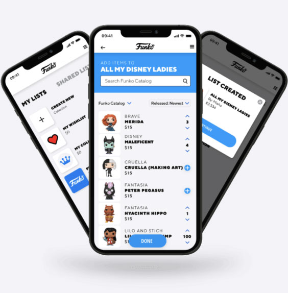 Three phones with Funko App displaying onscreen