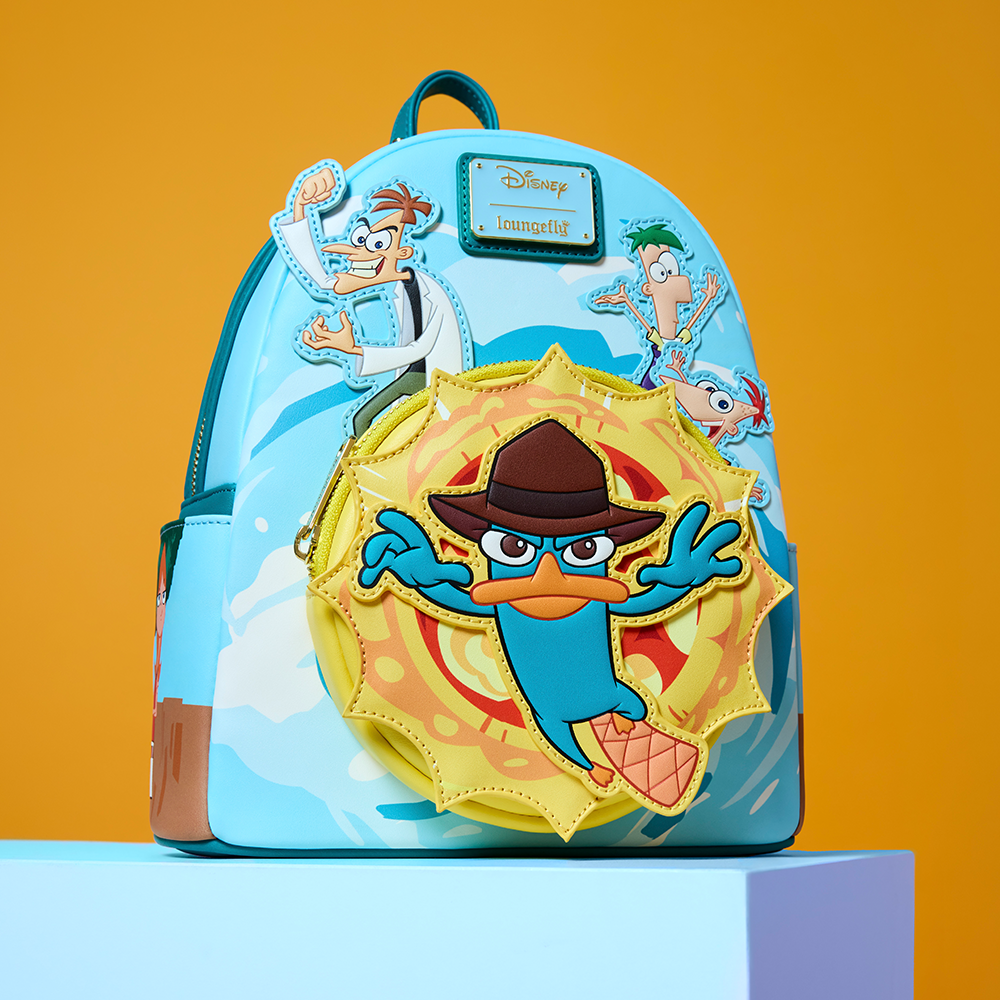 Orange background with Blue product stand featuring Loungefly Disney Phineas & Ferb Backpack