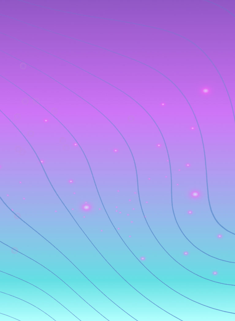 Purple to Teal gradient background with Purple light orbs and Blue wavy lines