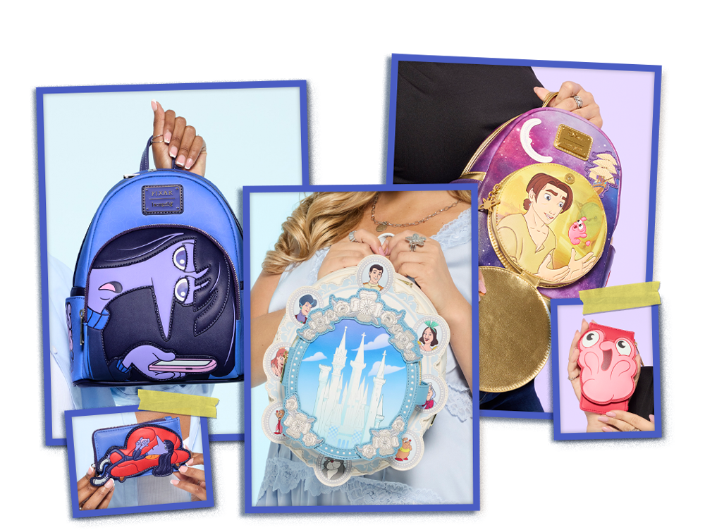 Purple border collage of Loungefly Disney exclusives with styles inspired by Inside Out, Cinderella, and Treasure Planet