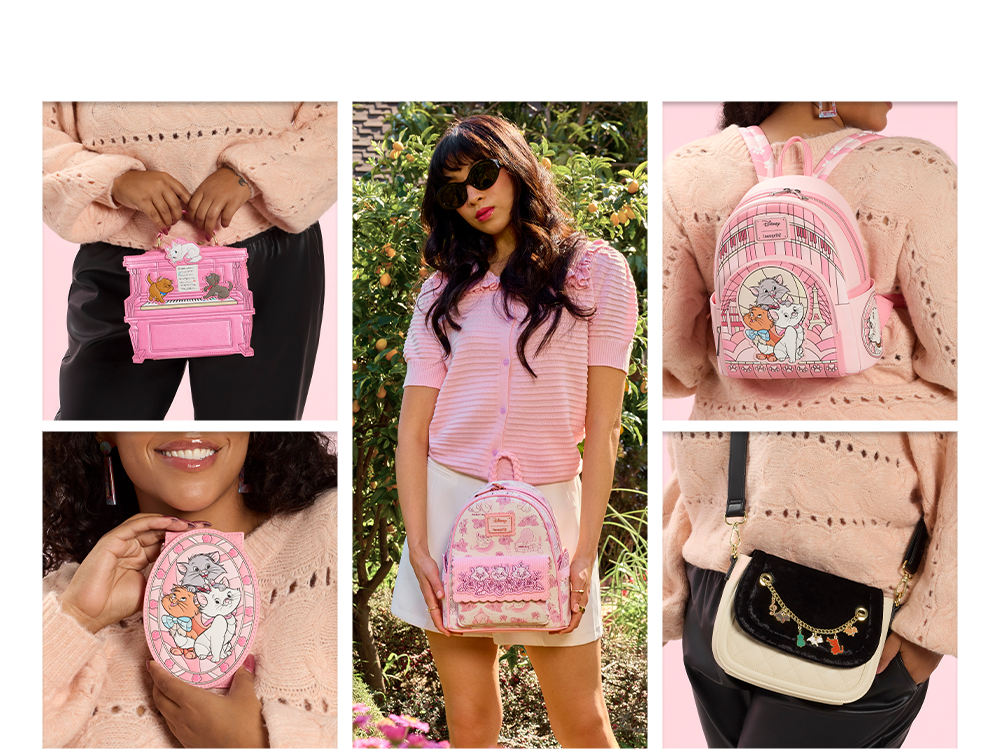 Collage of models showcasing Loungefly Disney The Aristocats styles