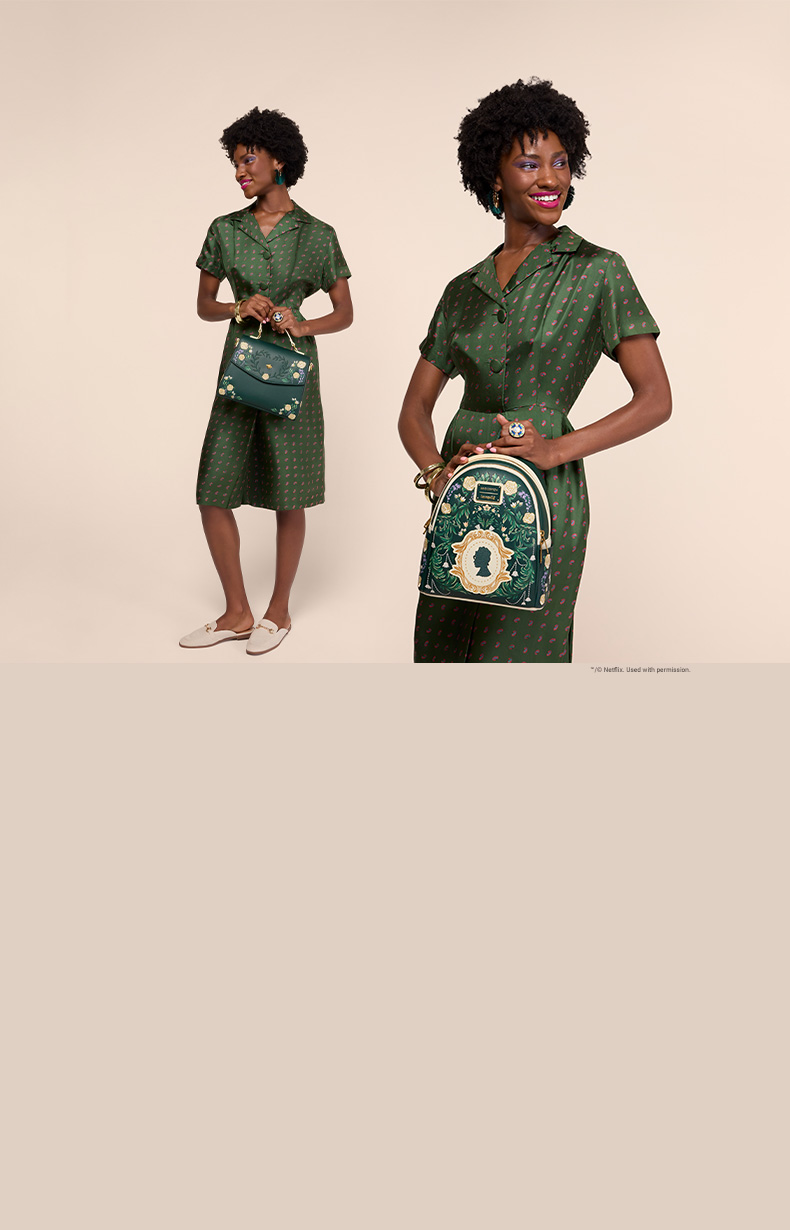 Tan background with model showcasing Loungefly Netflix Bridgerton collection