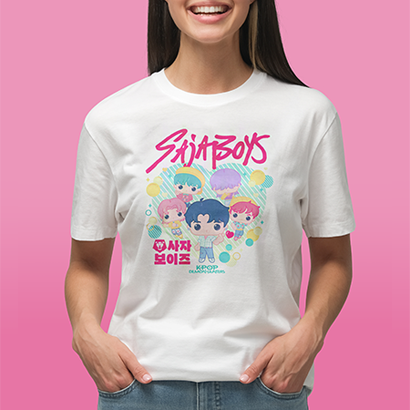 Pink background with model wearing Funko KPop Demon Hunters Saja Boys Tee