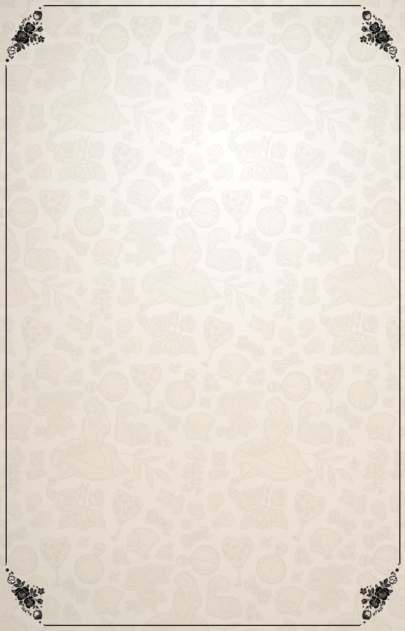 Beige background with Alice in Wonderland pattern and Black fancy border