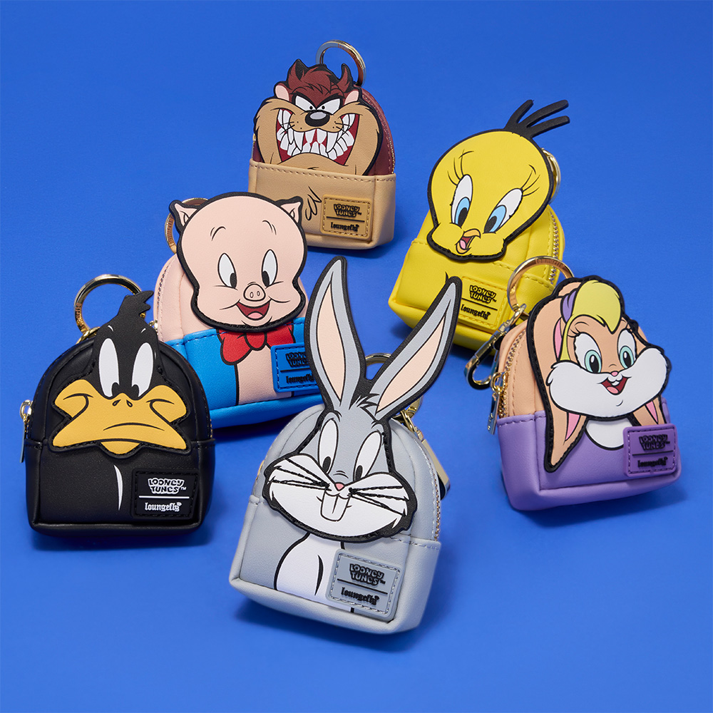 Dark Blue background featuring Loungefly Looney Tunes Mystery Mini Backpack Keychains