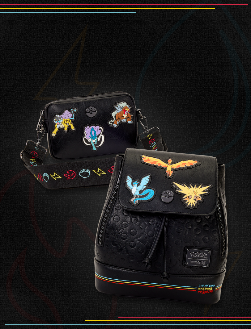 Black background with Red, Yellow, Blue borders featuring Loungefly Pokemon Legendary Birds collection