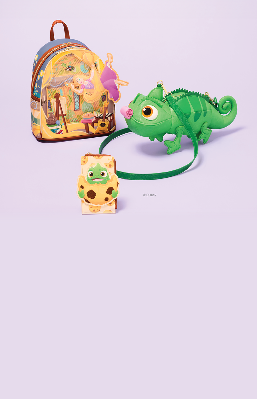 Light Purple background featuring Loungefly Disney Tangled collection