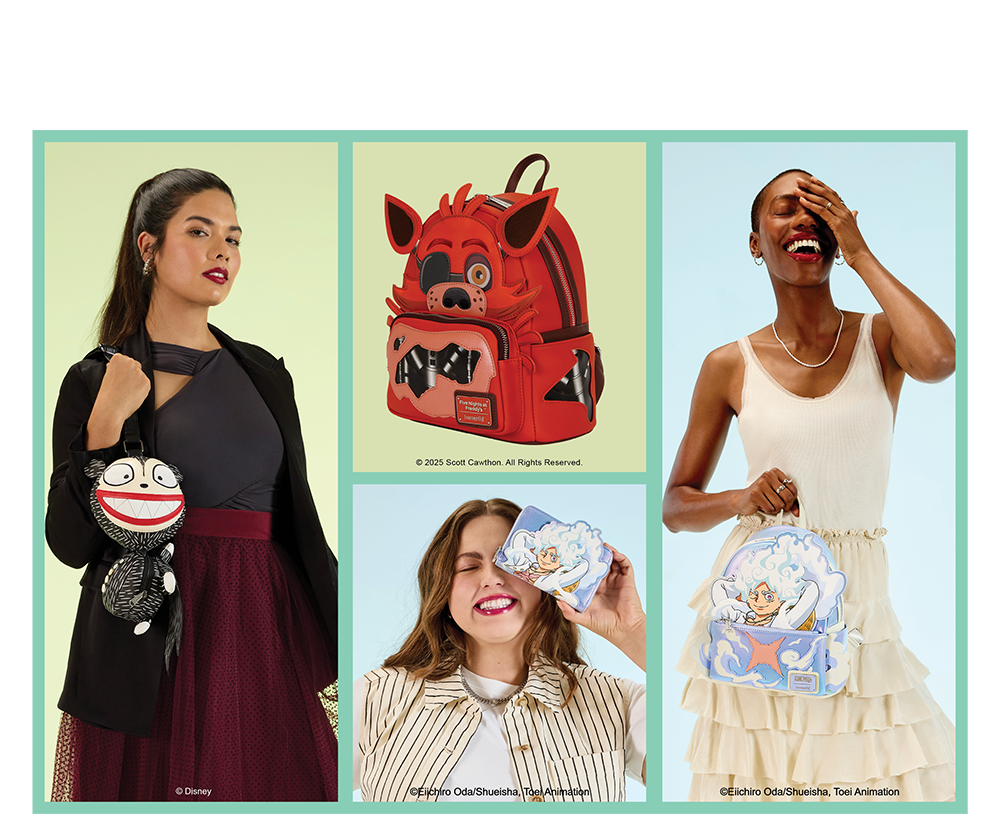 Loungefly New York Comic Con 2025 Exclusives featuring styles inspired by Once Piece, Five Night's at Freddy's, The Fairly Odd Parents and more!